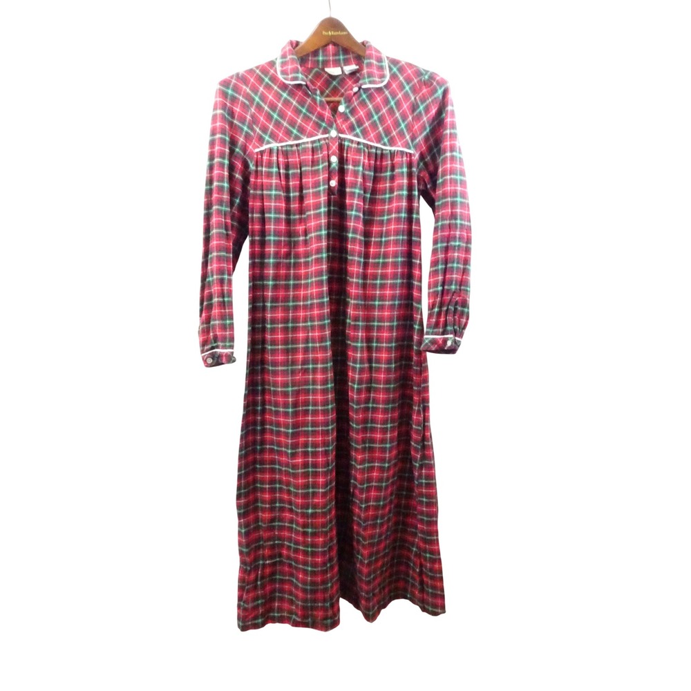 LL Bean Red Green Plaid Flannel Nightgown Cotton Long Sleeve Small Grannycore